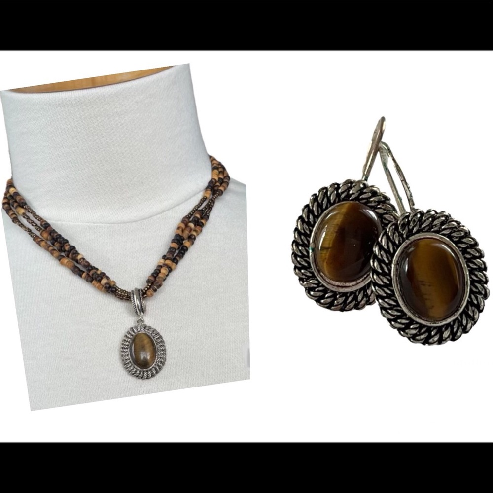Vintage Avon Necklace and Earrings Set Seed Bead Tiger Eye Antique Silve…
